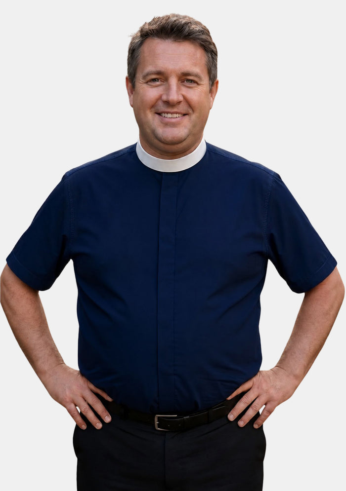 Simeon Full Collar Short Sleeve Navy Blue Clerical Shirt for Men
